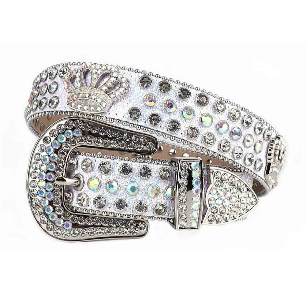 SM Rhinestones Leather Strap Belts Crystal White And White Multi Stones With Cro